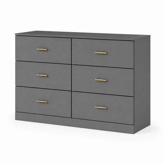 Commode à 6 tiroirs en bois MDF gris avec poignées en métal