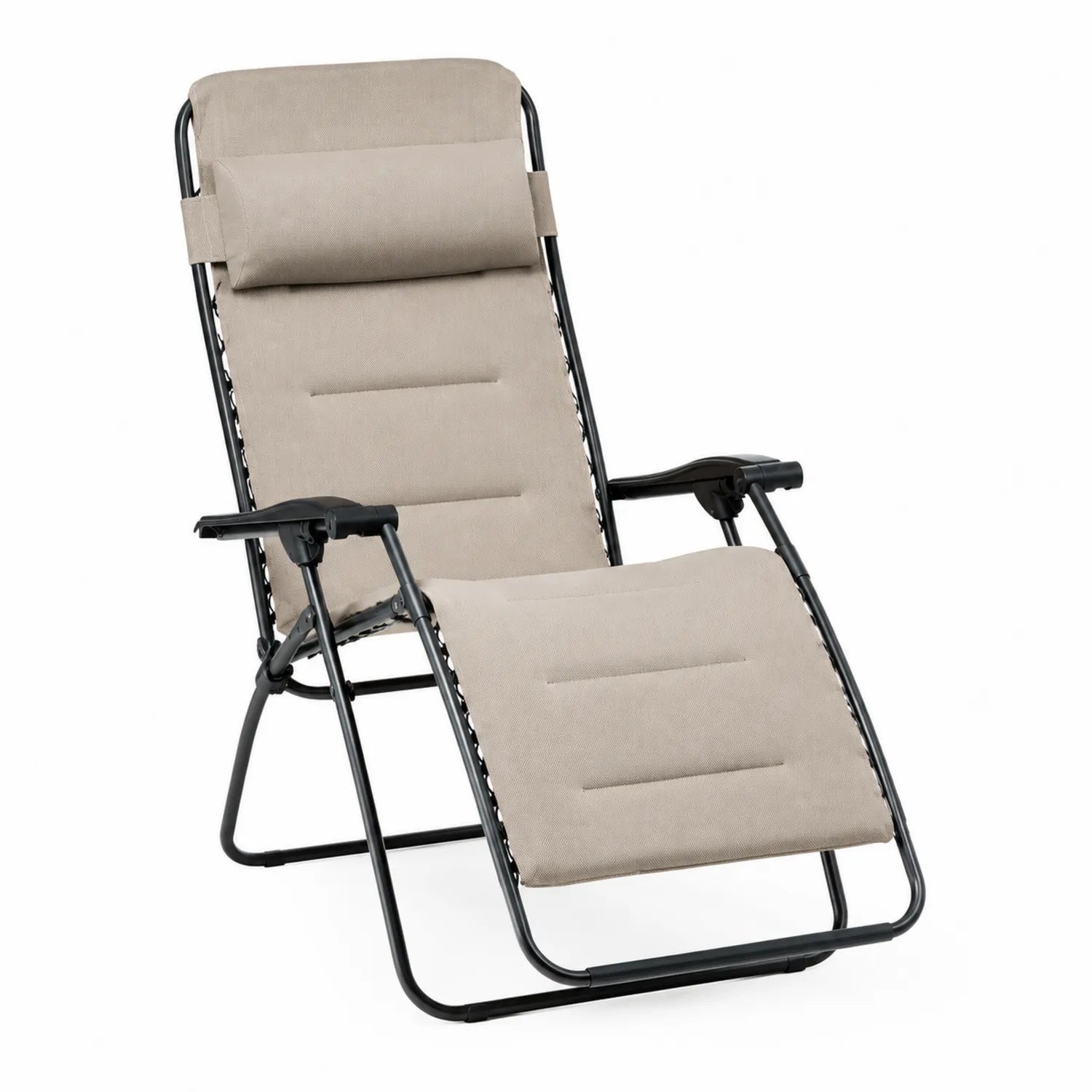 Chaise longue en acier et textilène beige avec appui-tête