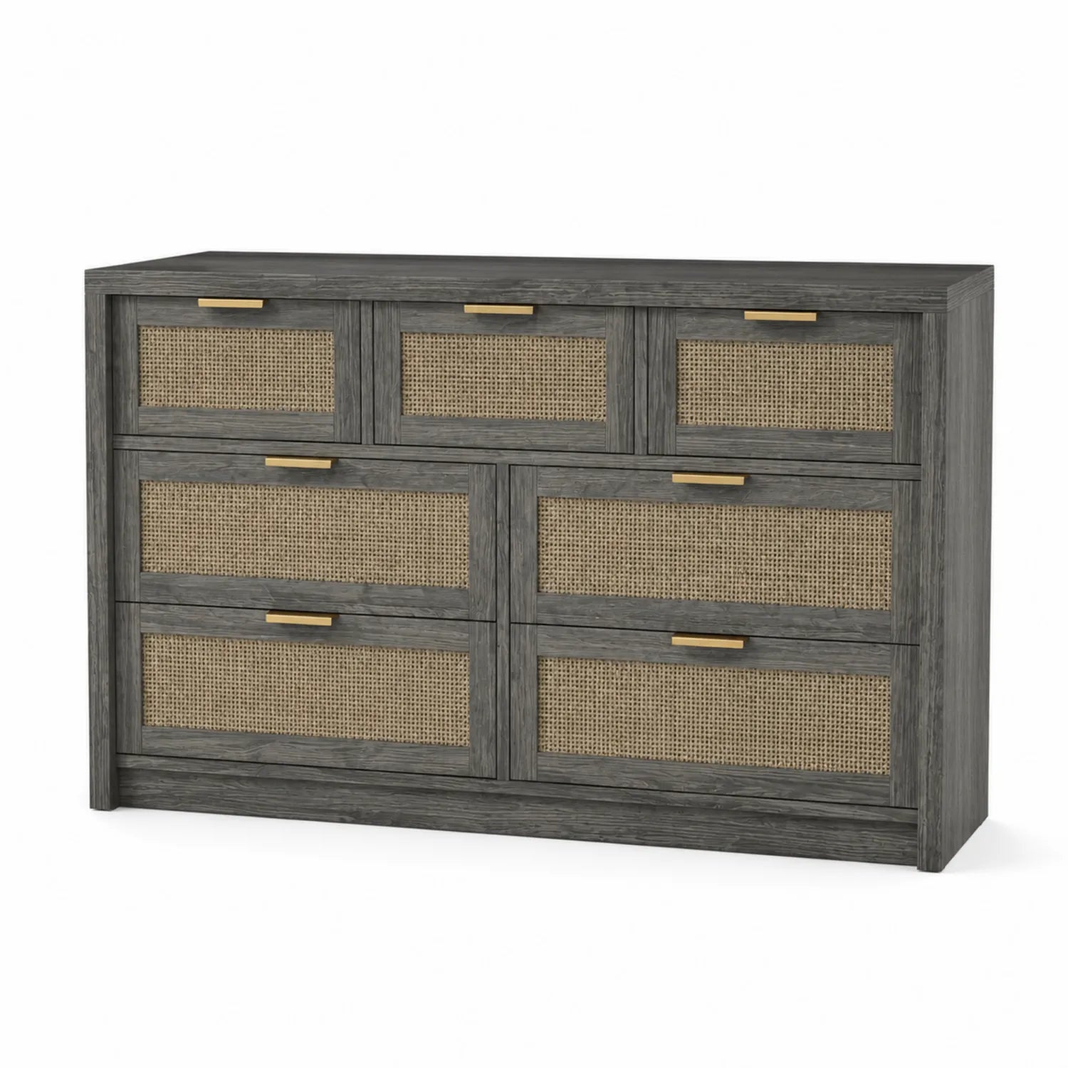 Commode en bois avec 7 tiroirs en rotin gris