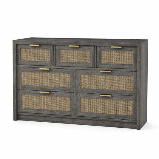 Commode en bois avec 7 tiroirs en rotin gris