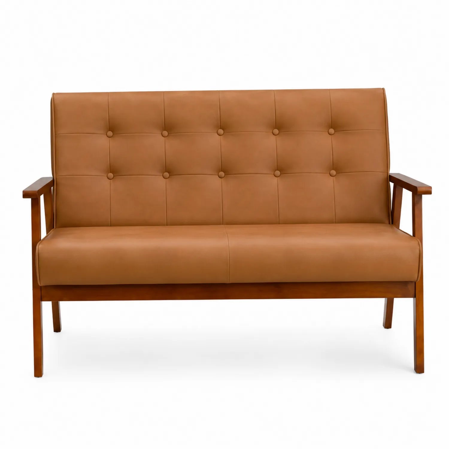 Canapé 2 places en cuir synthétique marron avec structure en bois