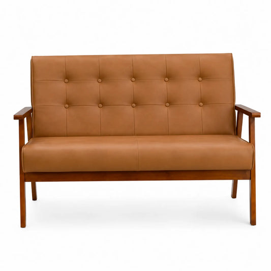 Canapé 2 places en cuir synthétique marron avec structure en bois