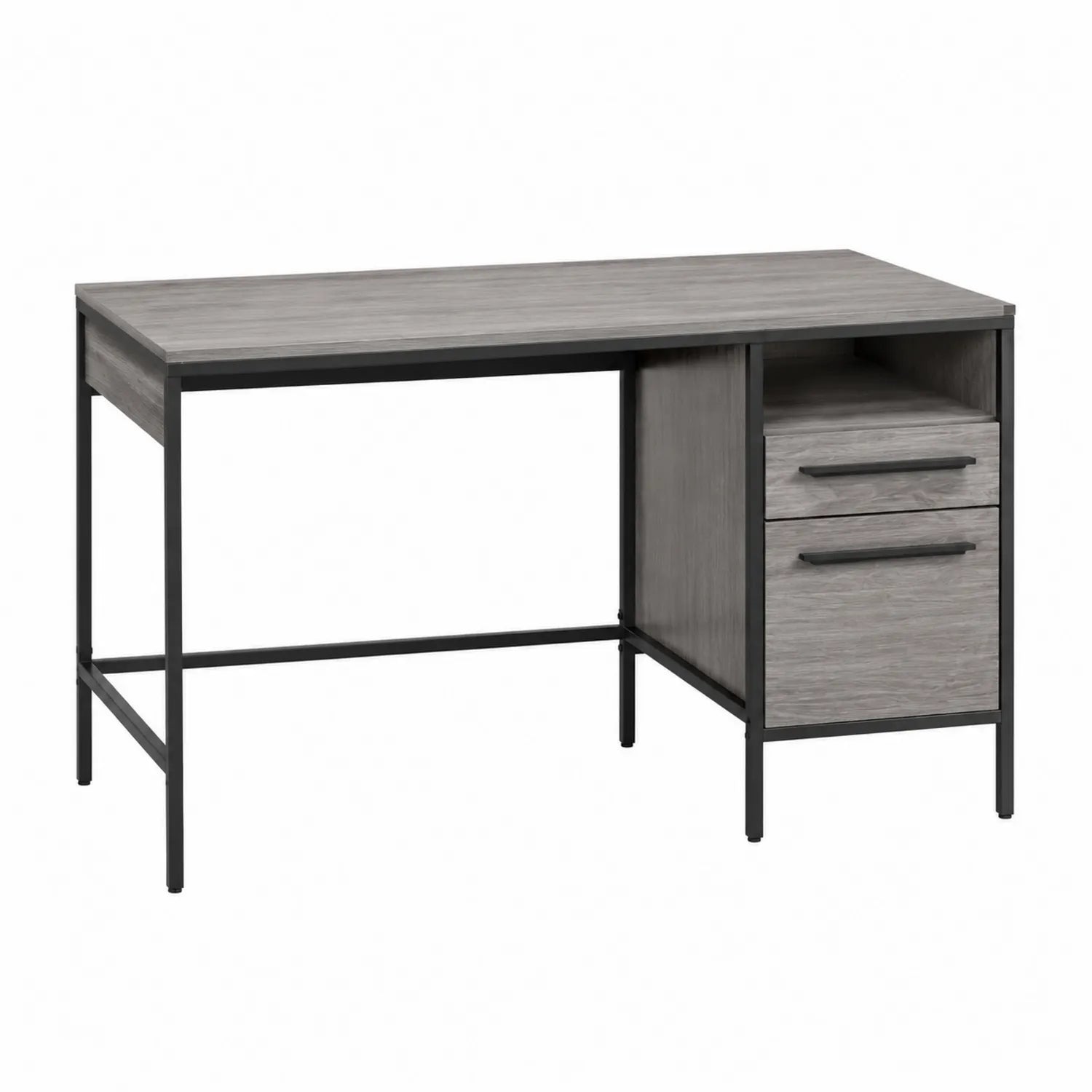Bureau rectangulaire en métal et panneau de particules gris avec tiroirs