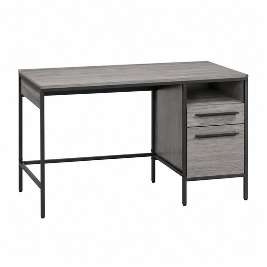 Bureau rectangulaire en métal et panneau de particules gris avec tiroirs
