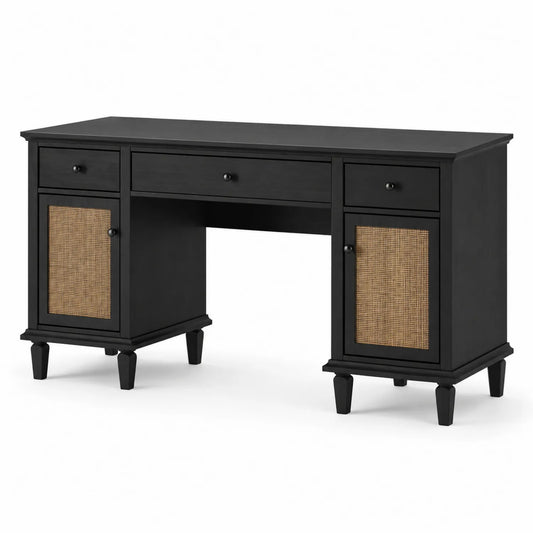 Bureau en bois noir avec portes en rotin 120x45x75 cm